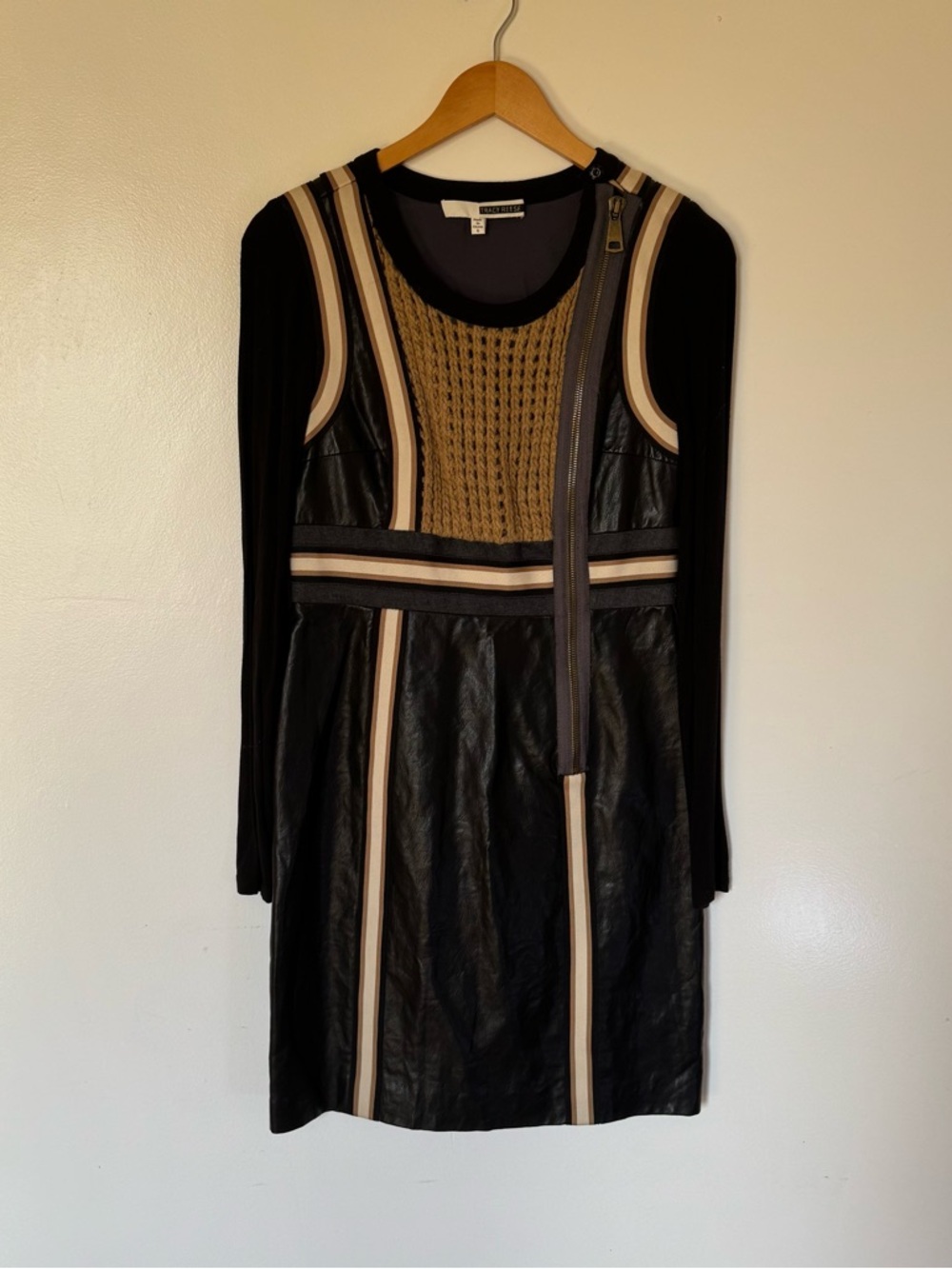 Mixed-Media Black and Tan Long-Sleeve Dress